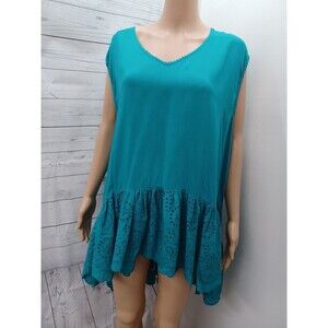 Lucky Brand Womens Turquoise Eyelet Ruffles Sleeveless Top Blouse XL NWT